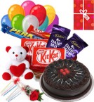 6 inches Teddy with small chocolate basket (2 Dairy milk 2 Kitkat 1 perk) 10 air filled Balloon 1/2 kg chocolate cake and Card 1 Red rose