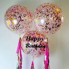3 Bright Confetti balloons with one happy birthday print on balloon