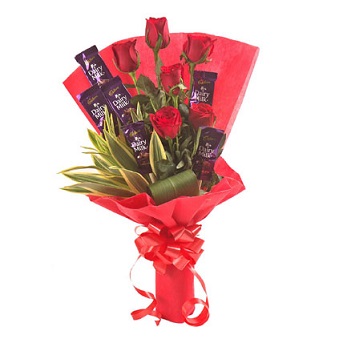6 dairy milk chocolates with 6 Red Rose in the same bouquet