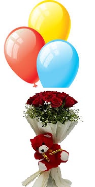 3 Air filled balloons 6 Red Roses bouquet 6 inches Teddy