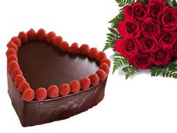 12 red roses+1 Kg chocolate heart cake
