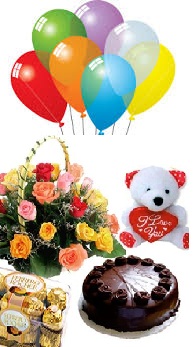 7 balloons 1/2 Kg chocolate cake 6 inches Teddy 10 Mix roses 16 Ferrero rocher