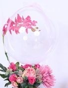 Transparent Balloon with 1 Purple Orchid trailing on the balloon tied to 12 pink and white roses basket