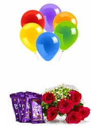 5 Blown balloons 6 Red roses hand tied 4 Dairy milk chocolate bars