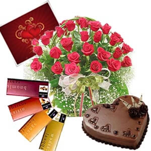 24 red roses basket, 4 temptation chocolates, 1 kg Cake, card