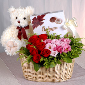 Chocolates, Roses flowers basket, Teddy