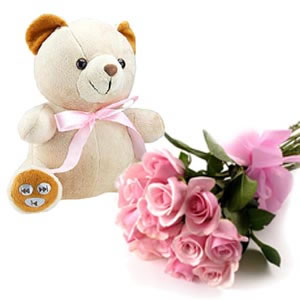 Teddy with 30 pink roses bouquet