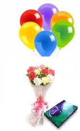 5 Air balloons Celebration box  10 Mix Carnations