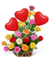 15 Mix roses basket with 3 Air filled Red heart Balloons
