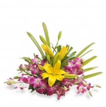 Basket of 4 Purple Orchids and 1 Yellow Lily