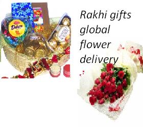 Assorted chocolates, 50 flowers bunch and rakhi