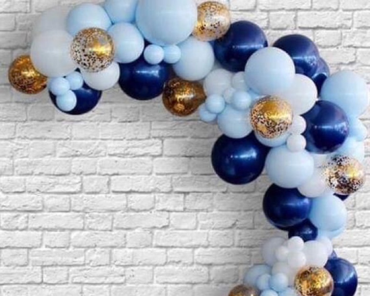 50 dark blue light blue gold white air blown small and large balloons arch style