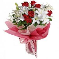 white lilies with red roses bouquet