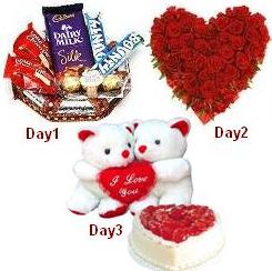 Day-1 Chocolate Basket Day-2 24 red roses heart Day-3 2 Teddies and 1 kg heart cake and Valentine heart